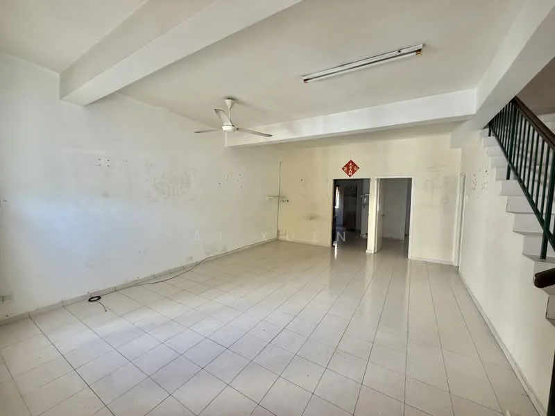 Living features: white painted walls, tile flooring, exposed beams on ceiling, 5-blade ceiling fan, recessed lighting, large open space, doorway leading to other rooms, staircase visible in background.