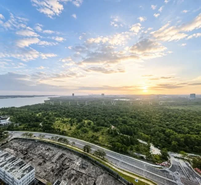 Exterior features: city skyline in background, lush greenery, open road, sunset view, water body visible, cloudy sky; style: contemporary.