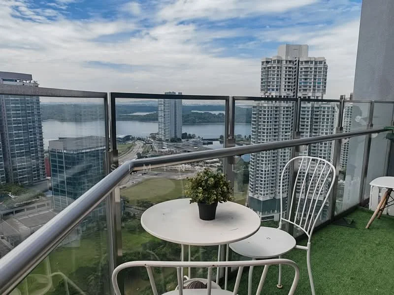 Balcony features: glass railing, outdoor table, two white chairs, artificial grass flooring, city skyline view, planter with greenery; style: modern; view: city.