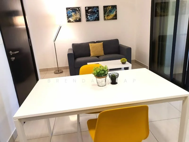 Living features: grey fabric sofa, yellow accent cushion, white coffee table, white dining table, yellow dining chairs, floor lamp, framed artwork on walls, tile flooring, sliding glass door, wall with black door; style: modern.