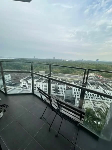Balcony features: glass railing, tile flooring, outdoor seating with metal chairs, city skyline view, potted plant; style: modern; view: city.