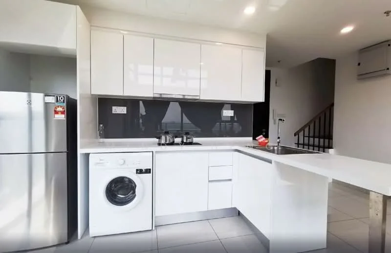 Kitchen features: white glossy cabinetry, stainless-steel fridge, built-in oven, single-bowl stainless-steel sink, chrome pull-down faucet, white countertop, grey backsplash, washing machine, ceramic tile flooring, recessed downlights, wall-mounted split AC; style: modern.