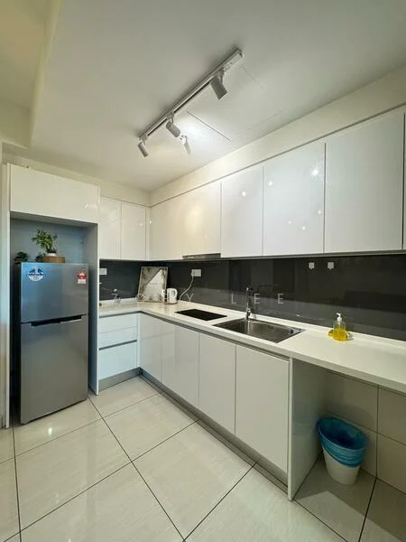 Kitchen features: white high-gloss cabinetry, black tiled backsplash, double-bowl stainless-steel sink, chrome pull-down faucet, stainless-steel fridge, built-in oven, ceramic tile flooring, recessed LED downlights, countertop with integrated sink, open shelving, kitchen utensils on countertop, window above sink; style: modern.