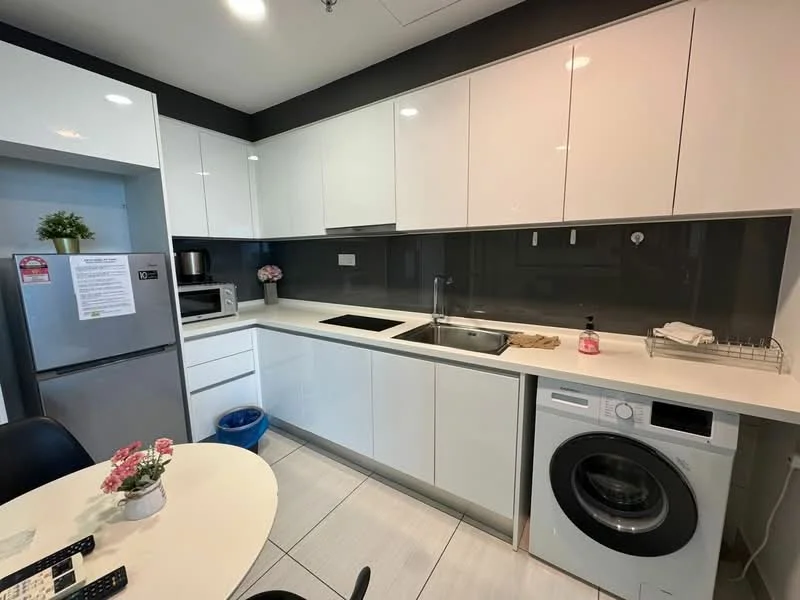 Kitchen features: white flat-panel cabinets, black countertop, single-bowl stainless-steel sink, chrome pull-down faucet, built-in microwave, stainless-steel fridge, front-load washing machine, ceramic tile flooring, recessed downlights, wall-mounted cabinet, kitchen island with seating, decorative plant on countertop, dish drying rack; style: modern.