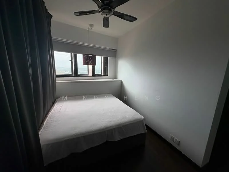 Bedroom features: queen-size bed, 5-blade ceiling fan, floor-to-ceiling windows, blackout curtains, white painted walls, dark wood flooring, bedside table, decorative pendant light; style: modern; view: city.