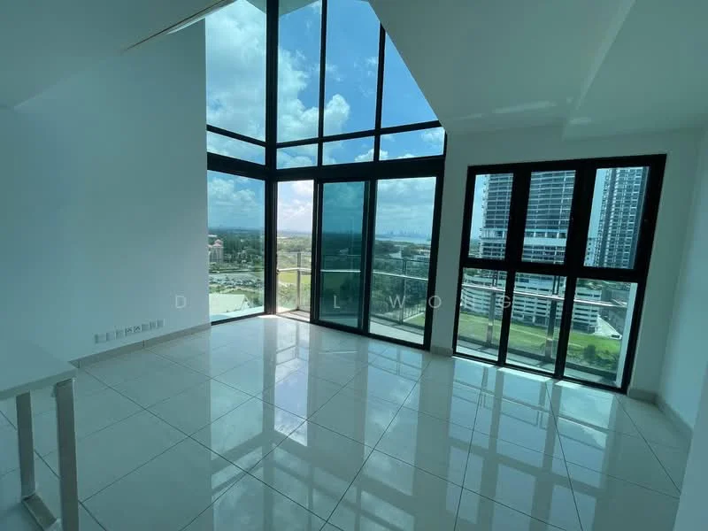 Living features: floor-to-ceiling windows, white painted walls, glossy ceramic tile flooring, open layout, city view, high ceiling, natural light, minimalist decor; style: modern; view: city.
