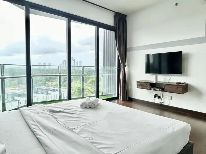 Bedroom features: king-size bed, white bedding, floor-to-ceiling windows, curtains, wall-mounted TV, wooden flooring, nightstand, view of city skyline; style: modern; view: city.