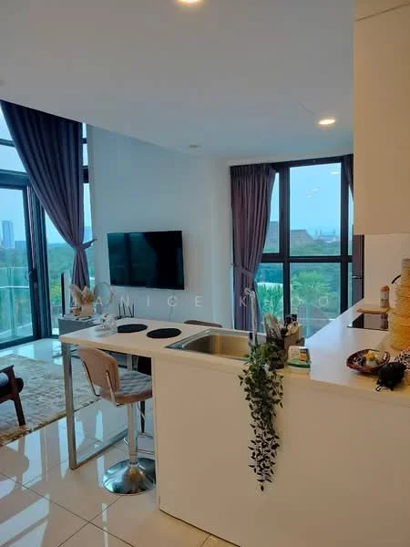 Kitchen features: white cabinetry, marble countertop, stainless-steel sink, chrome pull-down faucet, built-in oven, 4-burner gas hob, bar stools, pendant lighting, recessed downlights, floor-to-ceiling windows, grey curtains, open layout; style: modern; view: city. Living features: wall-mounted TV, area rug, sofa, coffee table; style: modern; view: city.