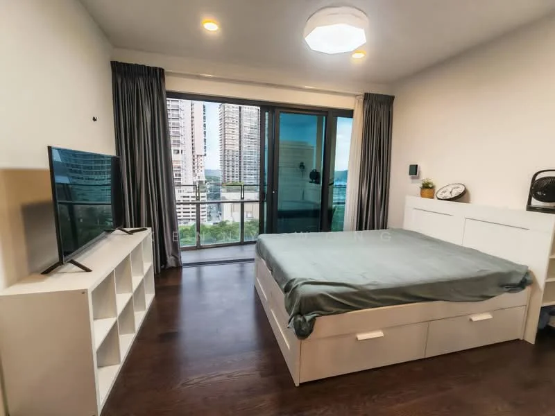 Bedroom features: queen-size bed with storage drawers, grey bedspread, floor-to-ceiling windows, sliding glass door to balcony, curtains, wall-mounted TV, white bedside table, built-in wardrobe, wood flooring, recessed ceiling lights, decorative wall clock; style: modern; view: city.