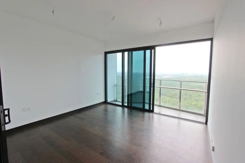 Room features: white painted walls, dark wood flooring, floor-to-ceiling windows, sliding glass door, balcony access, recessed ceiling lights; style: modern; view: city.