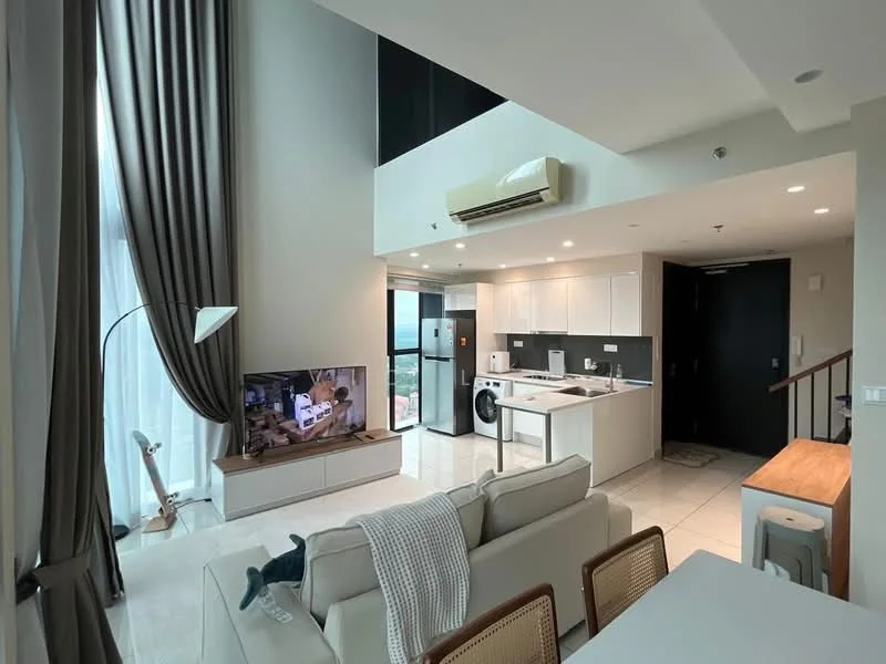 Living features: 3-seater fabric sofa in light beige, coffee table, wall-mounted TV, floor-to-ceiling windows with sheer curtains, 5-blade ceiling fan with light, area rug, decorative floor lamp, open-plan layout to kitchen, white walls, tile flooring; style: modern. Kitchen features: white cabinetry, stainless-steel fridge, built-in oven, freestanding washing machine, single-bowl stainless-steel sink, chrome pull-down faucet, quartz countertop, white subway tile backsplash, 2-burner induction hob, open shelving; style: modern.
