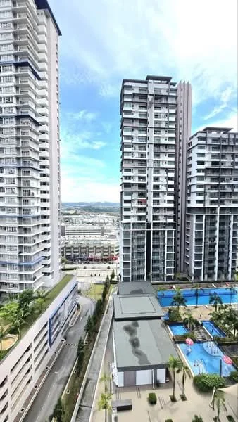 Exterior type: high-rise condominium; features: multiple high-rise buildings, swimming pools, landscaped gardens, balconies on upper floors, manicured lawns, paved walkways, city skyline in background, surrounded by greenery; style: modern.