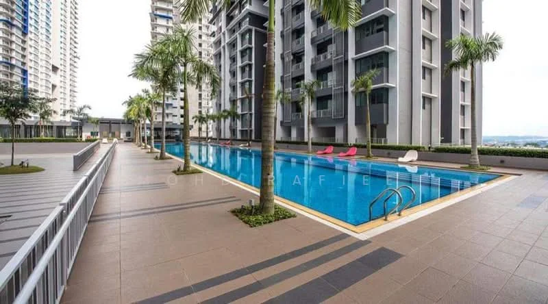 Exterior type: high-rise condominium; features: infinity pool, pool deck with loungers, palm trees, manicured landscaping, modern architecture, glass curtain wall, surrounded by residential buildings, outdoor seating area; style: modern.