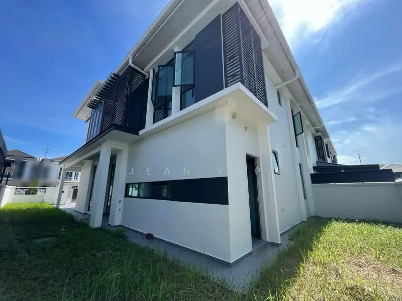 Exterior type: semi-detached house; features: white painted facade, black accent stripes, large windows with shutters, flat roof, two-storey structure, manicured lawn, surrounding greenery, concrete pathway, side entrance; style: modern.