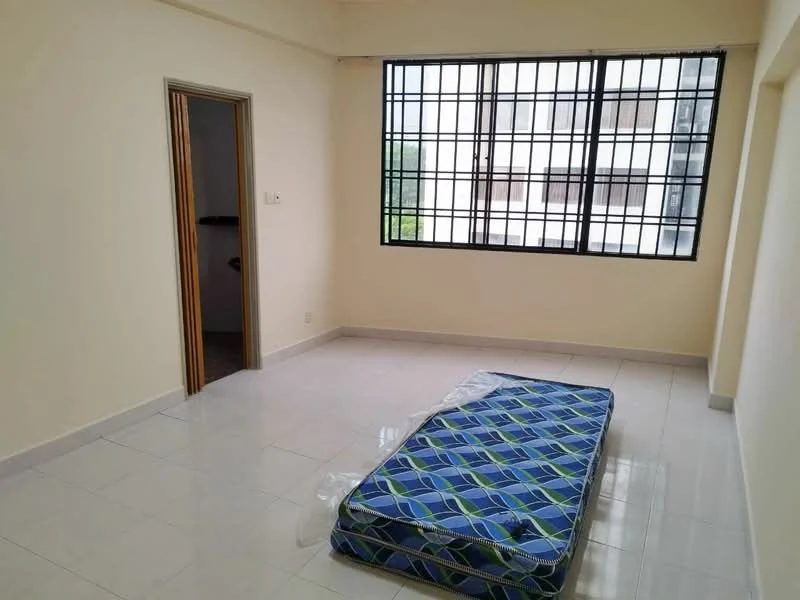 Bedroom features: white painted walls, glossy tile flooring, large window with black metal grille, unmade mattress on the floor, neutral ceiling, doorway leading to another room.