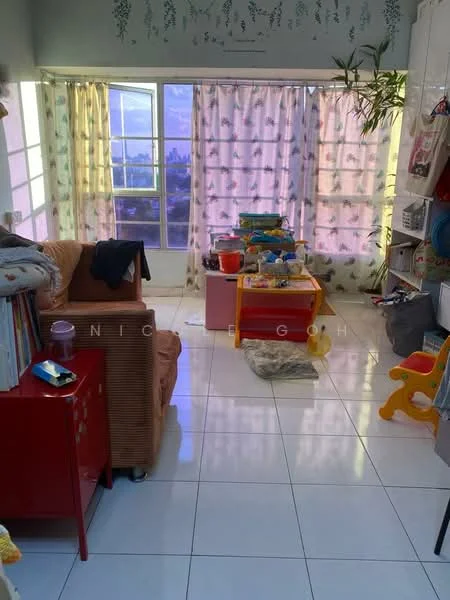 Living features: white painted walls, glossy white tile flooring, floor-to-ceiling windows, sheer curtains, sofa with striped upholstery, colorful children's play table, bookshelf with open shelving, decorative houseplants, area rug, storage bins, toys scattered on the floor; style: modern; view: city.