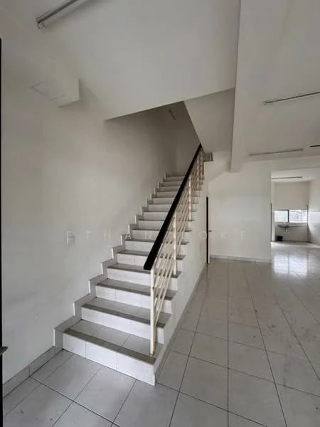 Room features: white painted walls, tile flooring, staircase with wooden handrail, large windows, ceiling lights, open space layout, neutral color scheme, no visible furniture; style: modern.