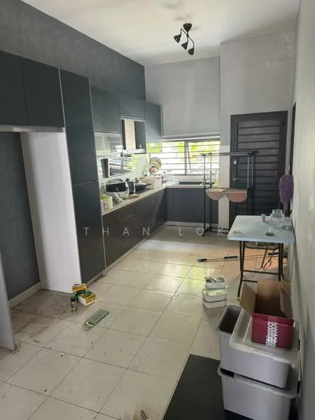 Kitchen features: dark grey cabinetry, white countertop, stainless-steel sink, chrome pull-down faucet, built-in oven, freestanding range oven, microwave, tile flooring, window with horizontal slats, recessed downlights, open shelving, kitchen island, bar stools; style: modern.