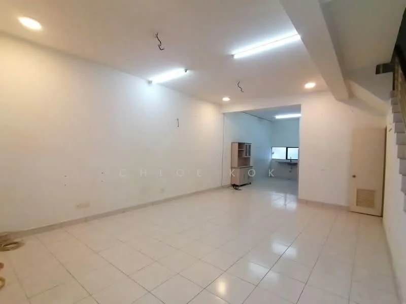 Room features: white painted walls, glossy white tile flooring, recessed downlights, two ceiling lights, large window with natural light, open layout, no visible furniture, neutral color scheme; style: modern.