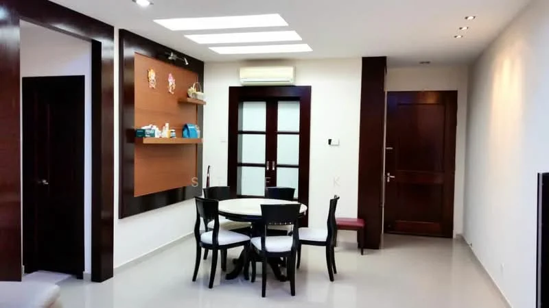 Dining features: round dining table, 4 upholstered dining chairs, white walls, polished tile flooring, recessed ceiling lights, wall-mounted decorative shelf, air conditioning unit, double-door wooden entrance, wooden door with glass panels, wall-mounted decor items; style: modern.