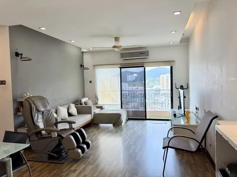 Living features: laminate flooring, grey accent wall, white painted walls, floor-to-ceiling windows, sliding glass door, balcony view, 5-blade ceiling fan, recliner chair, massage chair, sofa with cushions, coffee table, TV console, wall-mounted TV, decorative items on shelves; style: modern; view: city.