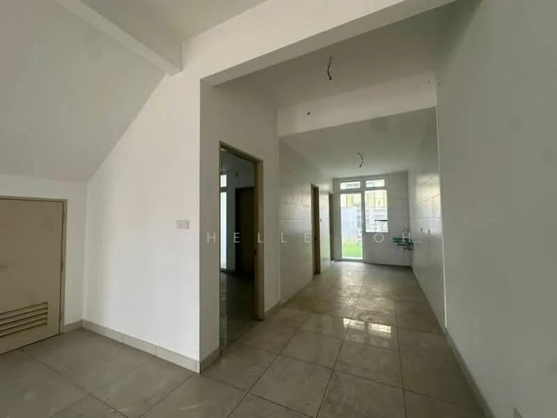 Room features: white painted walls, grey tiled flooring, large windows, doorway leading to another room, doorway leading to outdoor space, ceiling with exposed beams, no visible furniture or decor; style: modern; view: garden.