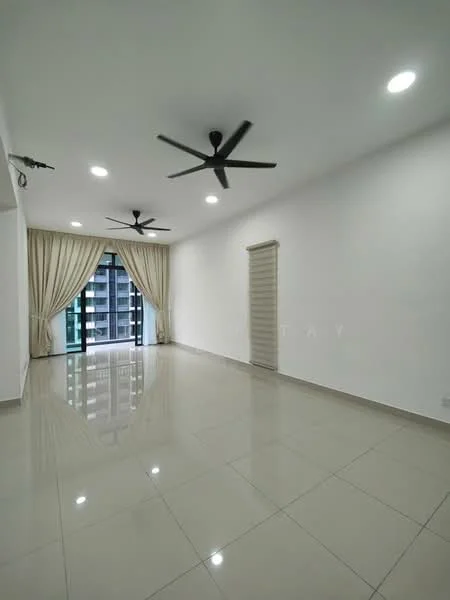 Living features: white painted walls, glossy ceramic tile flooring, 2 ceiling fans, recessed LED downlights, floor-to-ceiling windows, sheer curtains, sliding glass door, balcony access; style: modern; view: city.