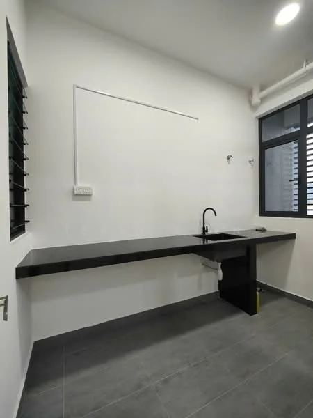 Room features: black countertop, single-bowl stainless-steel sink, black gooseneck faucet, white painted walls, grey ceramic tile flooring, sliding windows, wall-mounted electrical outlet, two wall-mounted hooks; style: modern.