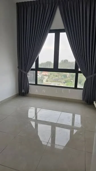 Room features: grey curtains, large floor-to-ceiling window, marble tile flooring, plain white walls, natural light, view of greenery, minimalist decor; style: modern; view: garden.