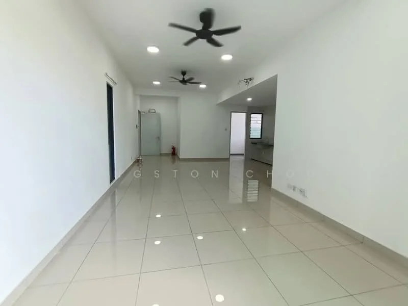Living features: white painted walls, glossy ceramic tile flooring, 2 ceiling fans, recessed downlights, sliding glass door, large windows, open layout, neutral color scheme; style: modern. Room features: white painted walls, glossy ceramic tile flooring, open layout.