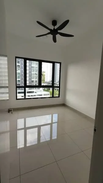 Room features: white painted walls, glossy ceramic tile flooring, 5-blade ceiling fan, floor-to-ceiling windows, city view, natural light, neutral color scheme; style: modern; view: city.