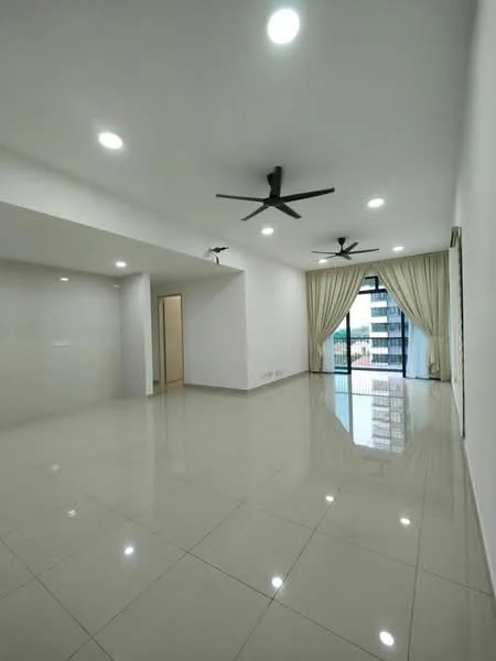 Living features: white painted walls, glossy ceramic tile flooring, recessed LED downlights, 2 ceiling fans, floor-to-ceiling windows, sheer curtains, balcony access, neutral color scheme; style: modern; view: city.