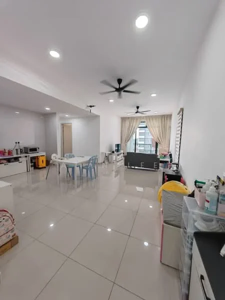 Living features: white painted walls, glossy ceramic tile flooring, recessed downlights, 2 ceiling fans, large window with sheer curtains, sofa, TV console, coffee table, dining table with chairs, microwave, kitchen cabinetry, open layout; style: modern; view: city.