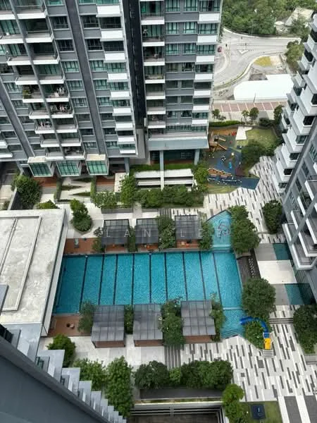 Exterior type: high-rise condominium; features: infinity pool, pool deck with loungers, landscaped garden, children's playground, manicured lawn, surrounded by greenery, multiple levels of outdoor amenities, walking paths, play area with equipment; style: modern.