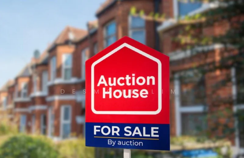 Exterior features: red auction sign, white text on sign, brick facade of building, multiple storeys, windows visible, surrounding greenery; style: traditional.