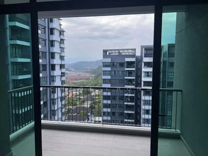 Balcony features: glass sliding door, metal railing, grey tiled flooring, city view, surrounded by high-rise buildings; style: modern; view: city.