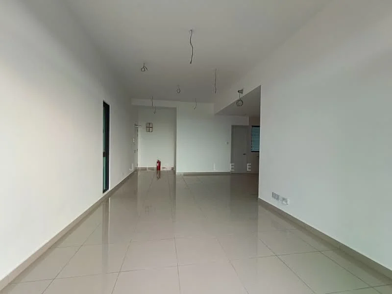 Room features: white painted walls, glossy ceramic tile flooring, recessed downlights, ceiling with exposed wiring, single door, large window, fire extinguisher, neutral color scheme; style: modern.