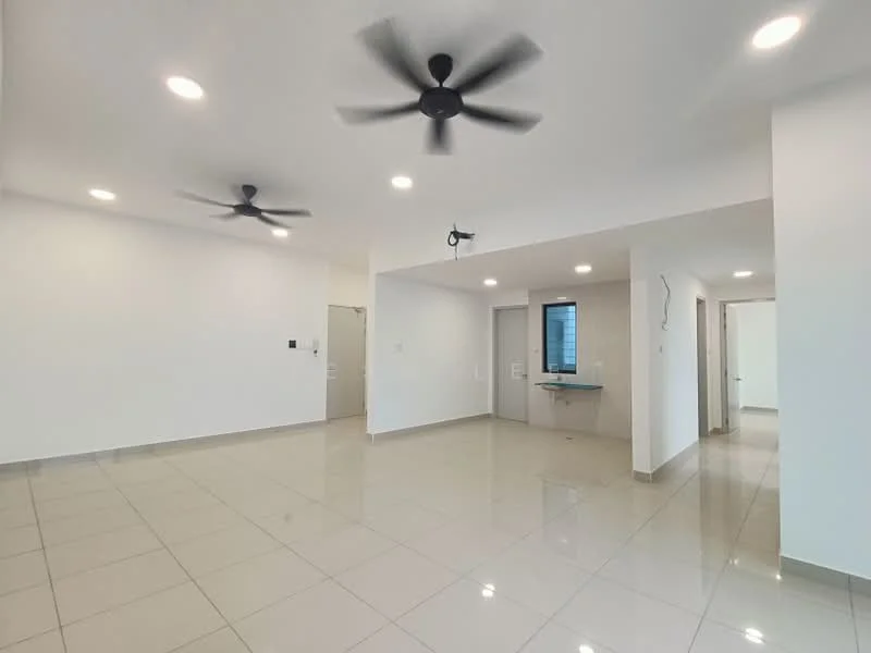 Room features: white painted walls, glossy ceramic tile flooring, recessed LED downlights, 2 ceiling fans, large windows, open layout, neutral color scheme, wall-mounted intercom, built-in desk area; style: modern.