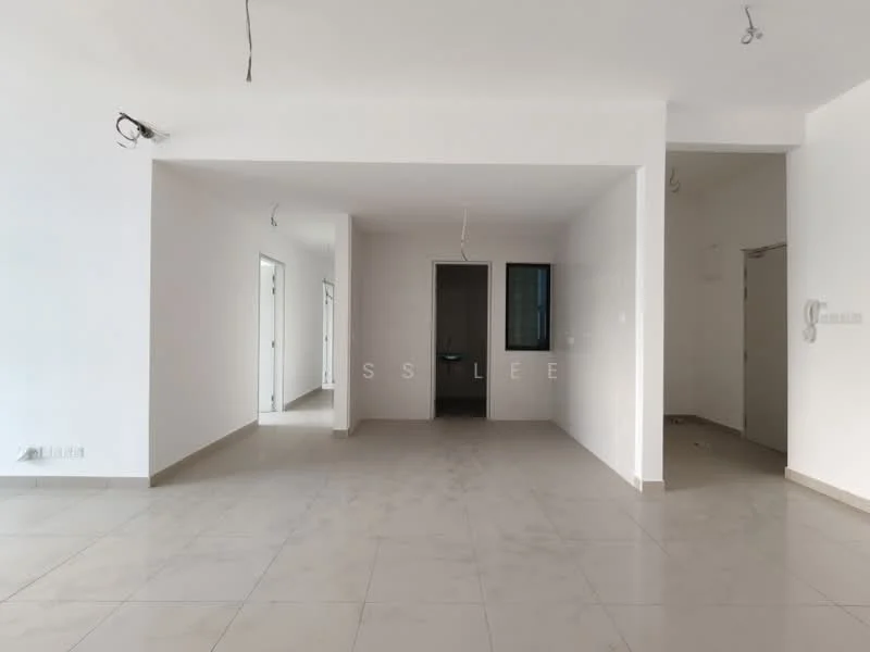 Room features: white painted walls, tile flooring, recessed downlights, multiple doorways, large window, open layout, neutral color scheme, no visible furniture; style: modern.
