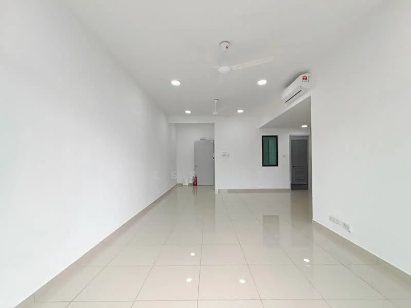 Room features: white painted walls, glossy ceramic tile flooring, recessed downlights, ceiling fan, air conditioning unit, fire extinguisher, door with window panel, multiple power outlets; style: modern.