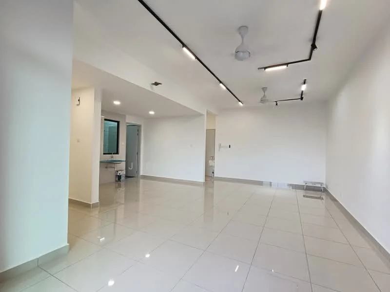 Room features: white painted walls, glossy ceramic tile flooring, recessed LED downlights, 2 ceiling fans, large window, open layout, no visible furniture, neutral color scheme; style: modern.