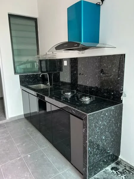 Kitchen features: black granite countertop, black cabinetry with glossy finish, stainless-steel sink, chrome pull-down faucet, built-in gas hob with two burners, stainless-steel range hood, grey tile flooring, window with horizontal blinds; style: modern.