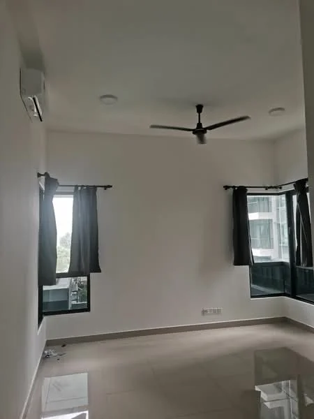 Room features: white painted walls, polished tile flooring, 5-blade ceiling fan, 2 wall-mounted split AC units, floor-to-ceiling windows, blackout curtains.