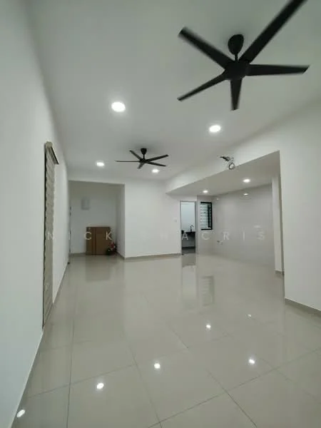 Living features: white painted walls, glossy ceramic tile flooring, 2 ceiling fans with integrated lights, recessed LED downlights, open layout, large windows, neutral color scheme, no visible furniture; style: modern.