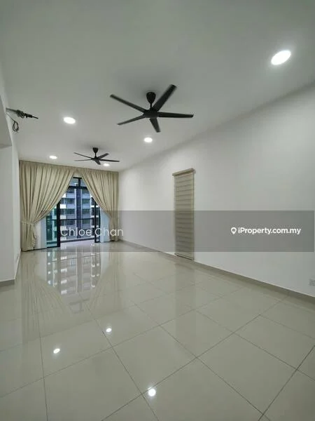 Living features: white painted walls, glossy ceramic tile flooring, 5-blade ceiling fan with light, 5-blade ceiling fan with light, floor-to-ceiling windows, sliding glass door, sheer curtains, roller blinds; style: modern; view: city.