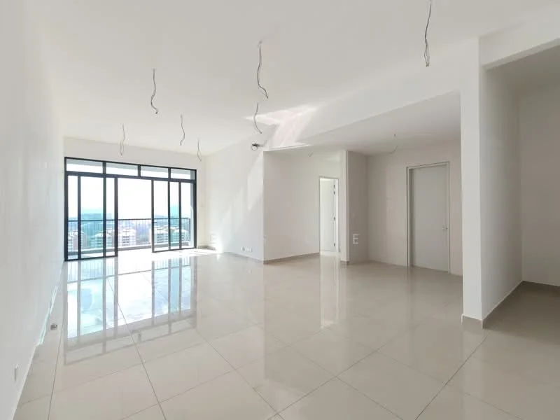 Living features: white painted walls, glossy ceramic tile flooring, floor-to-ceiling windows, city view, recessed downlights, hanging light fixtures, open layout, neutral color scheme; style: modern; view: city.