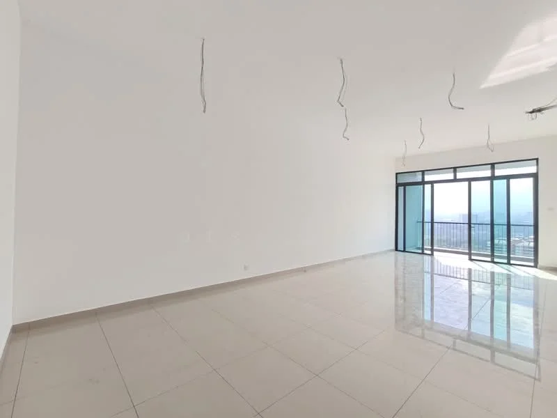 Living features: white painted walls, glossy tile flooring, floor-to-ceiling windows, sliding glass door, city view, recessed downlights, exposed ceiling wiring; style: modern; view: city.