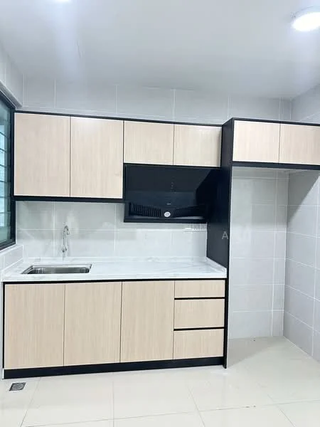 Kitchen features: single-bowl stainless-steel sink, chrome pull-down faucet, white marble countertop, light wood cabinetry, black cabinetry accents, built-in range hood, ceramic tile backsplash, white tiled walls, light-colored floor tiles, recessed LED downlights; style: modern.