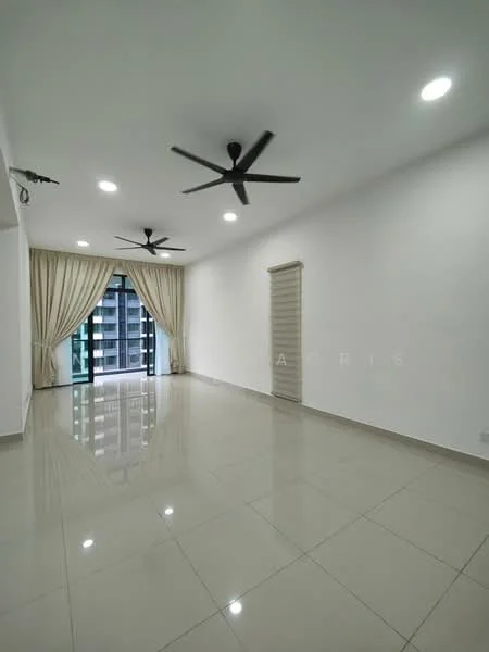 Living features: white painted walls, glossy ceramic tile flooring, 2 ceiling fans, recessed LED downlights, floor-to-ceiling windows, sheer curtains, sliding glass door, balcony access, neutral color scheme; style: modern; view: city.