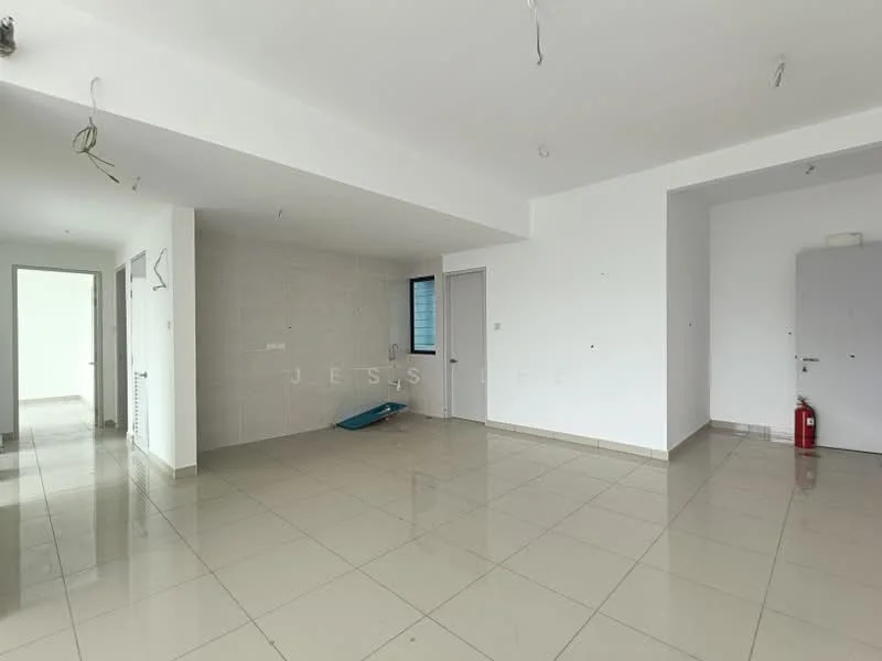 Room features: white painted walls, grey tiled flooring, recessed downlights, floor-to-ceiling windows, sliding glass door, open layout, no visible furniture, unfinished space; style: modern.